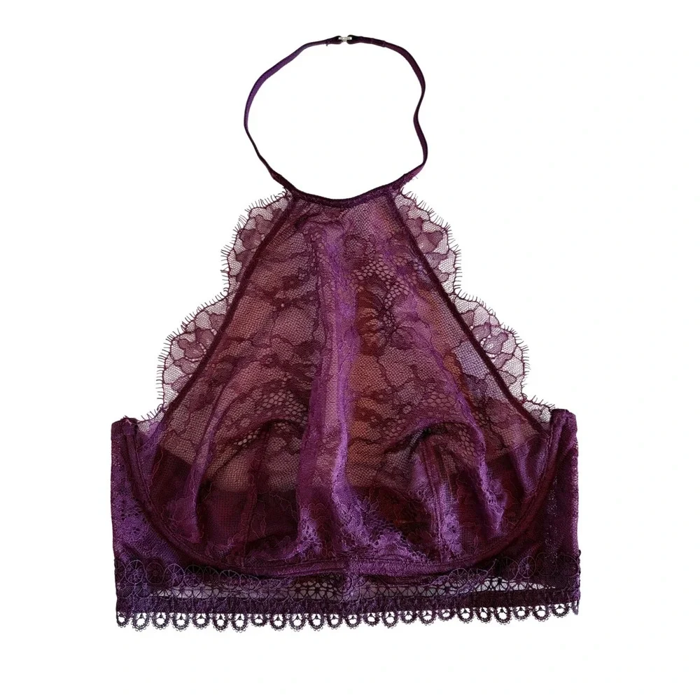 Victorias‎ Secret Very Sexy Plum Lace High Neck Halter Bralette 32DD Underwire